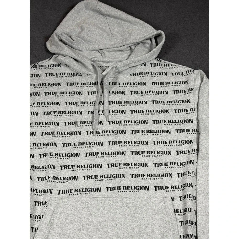 True Religion Hoodie Mens Large Gray Logo Print Pullover